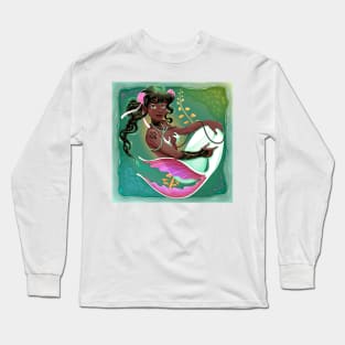 Smiling mermaid with white fish tail Long Sleeve T-Shirt